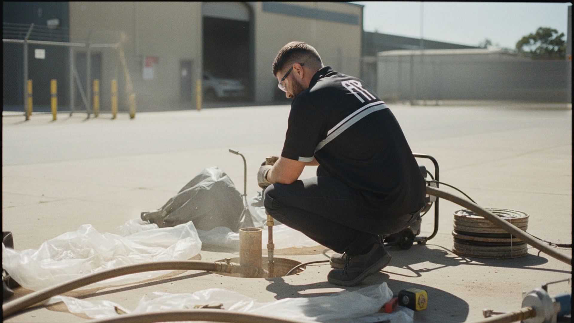 Adlington Plumbing setting up pipe relining equipment on a commercial site